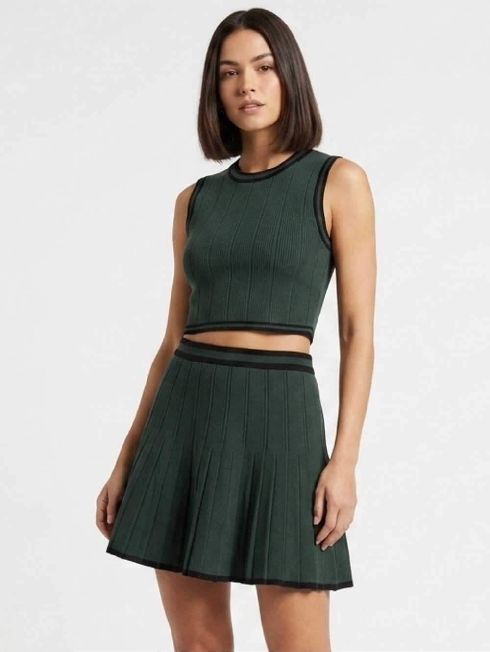 House of Harlow 1960 Ribbed Knit Tank & Pleated Skirt Set In Forest Green/Blk SM